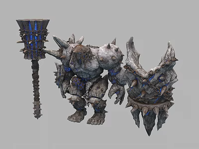 Stone Golem Game Fantasy Character With Spiked Armor Hammer And Blue Glowing Runes 3d model