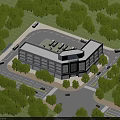 Modern Multi Story Office Building with Green Trees Parking Area and Access Roads