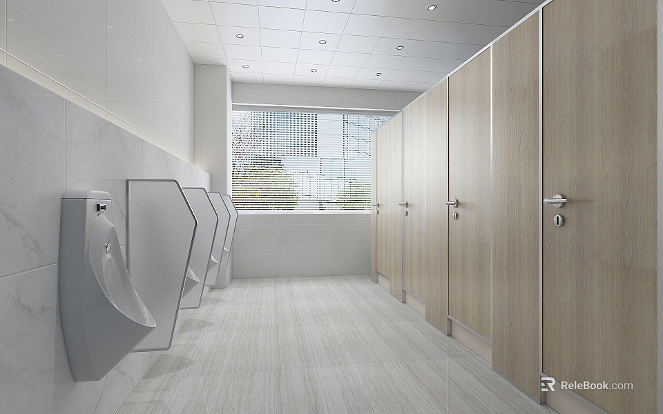 Hotel Bathroom With Urinals Wooden Stalls White Tiled Walls And Light Colored Floor 3d model 