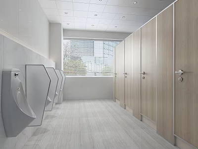 Hotel Bathroom With Urinals Wooden Stalls White Tiled Walls And Light Colored Floor 3d model