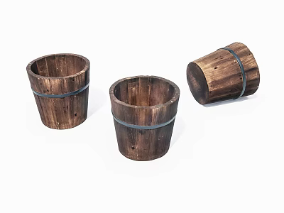 Three Rustic Wooden Buckets With Metal Bands For Home Decor 3d model