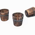 Three Rustic Wooden Buckets With Metal Bands For Home Decor
