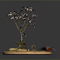 Decorative Tree With Dinosaur Models On Circular Base With Green Grass And Red Flowers