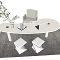 White Oval Office Desk With White Chair Green Plant Black Chairs And Gray Rug