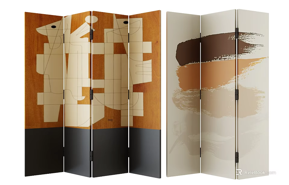 Two Stylish Room Dividers With Geometric Patterns And Abstract Brush Strokes 3d model 