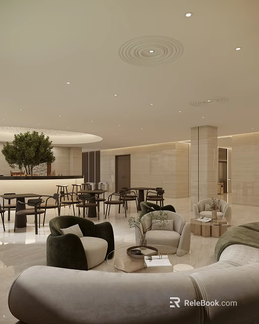 Stylish Leisure Area Interior With Armchairs Coffee Tables Green Plants And Soft Lighting 3d model 