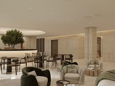 Stylish Leisure Area Interior With Armchairs Coffee Tables Green Plants And Soft Lighting 3d model