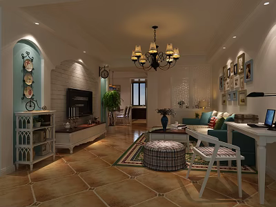 Modern Living Room Interior With Chandelier Sofa TV Rug Green Plant And Decorative Paintings 3d model