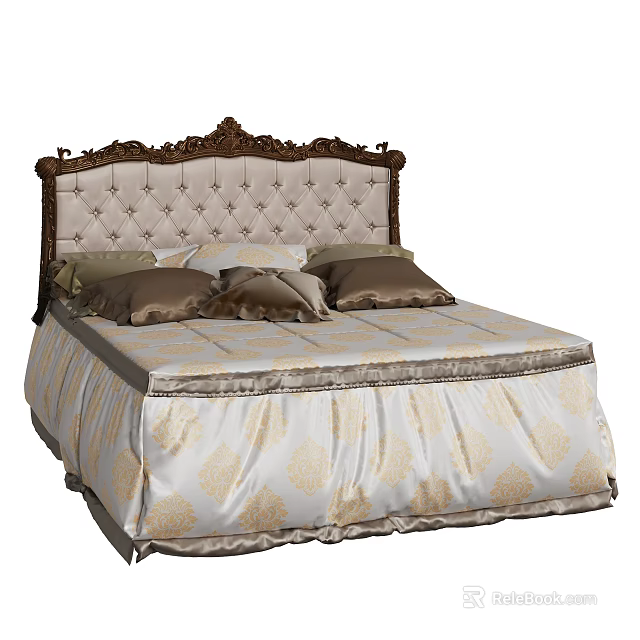 Elegant Double Bed with Carved Tufted Headboard and Beige Brown Patterned Bedding 3d model 