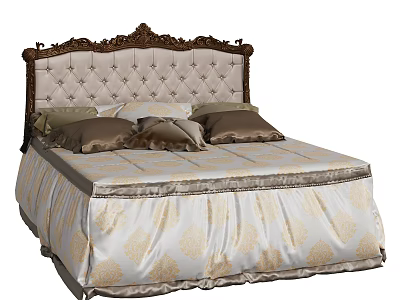 Elegant Double Bed with Carved Tufted Headboard and Beige Brown Patterned Bedding 3d model