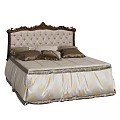Elegant Double Bed with Carved Tufted Headboard and Beige Brown Patterned Bedding 3d model