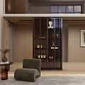 Modern Indoor Staircase Area With Woman Ascending Small Tree Stone Deer Sculpture And Green Plants