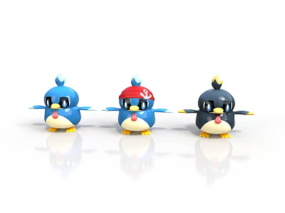 Cute Cartoon Bird Figurines With Blue Red Hat And Black Designs On Shiny Surface 3d model