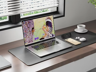 Modern Laptop On Wooden Desk With Colorful Screen Coffee Cup Mouse And Mobile Phone 3d model