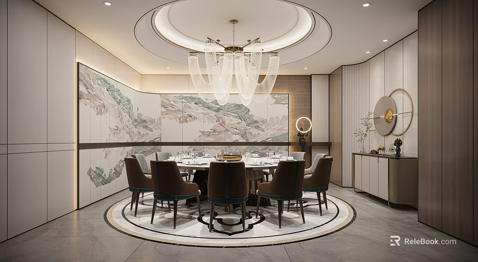 Chinese Style Private Dining Room With Round Table And Mural 3d model