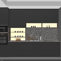 Modern Dark Sideboard With Open Shelves Built in Appliances And Marble Backsplash