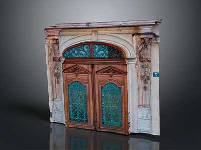 Antique Entrance Door With Wooden Double Doors Green Ironwork And Carved Stone Frame 3d model