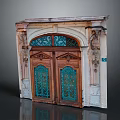 Antique Entrance Door With Wooden Double Doors Green Ironwork And Carved Stone Frame