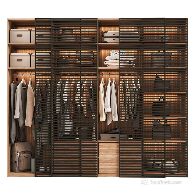 Modern Wooden Wardrobe Interior Design With Hanging Clothes Drawers Storage Boxes And Shelves 3d model 