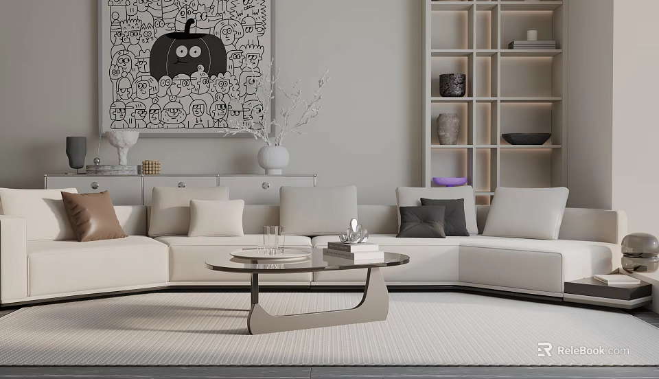 Modern Living Room Interior With White Three-Seater Sofa Carpet Coffee Table And Decorative Painting 3d model 