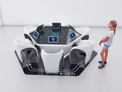 Futuristic Hexagonal Table With Multiple Interactive Screens White Chairs And X0001 Label Girl Standing Beside 3d model