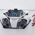 Futuristic Hexagonal Table With Multiple Interactive Screens White Chairs And X0001 Label Girl Standing Beside