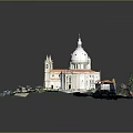 Historic Building Model With White Dome Red Roof Towers And Green Trees Square