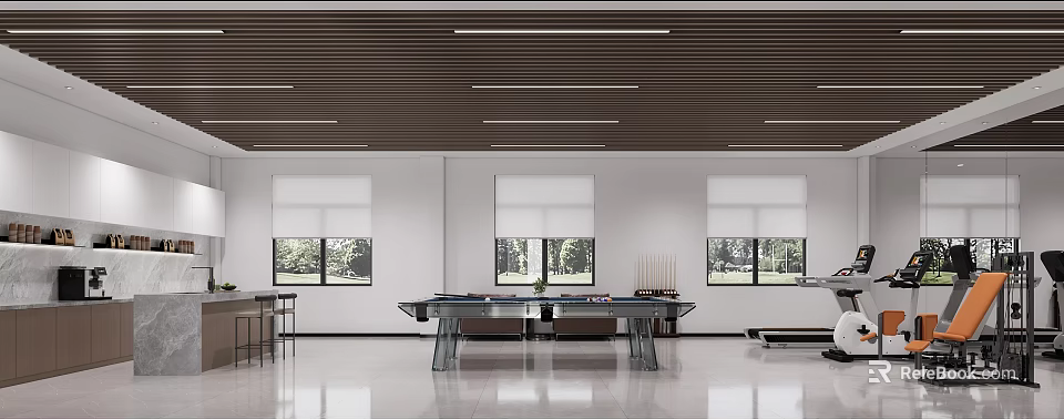 Modern Office Space With Wooden Ceiling And Glass Table 3d model 