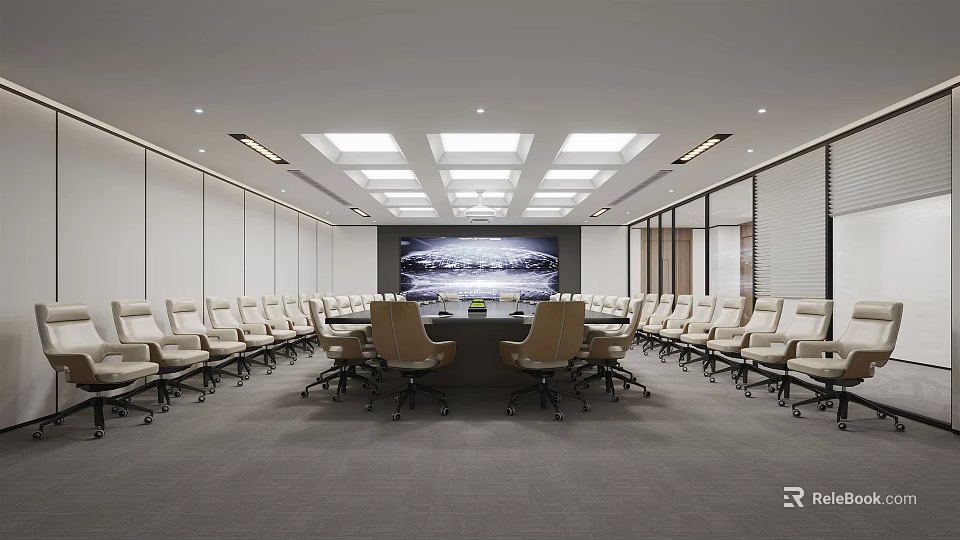 Modern Conference Room Interior Design With Long Table Chairs Ceiling Lighting And Projection Screen 3d model