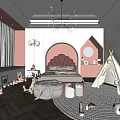 Pink Kids Room Interior With Shell Headboard Teepee Chandelier Round Mirror And Toys