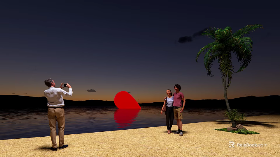 Red Inflatable on Night Beach with People Taking Photos and Palm Tree by Water 3d model 