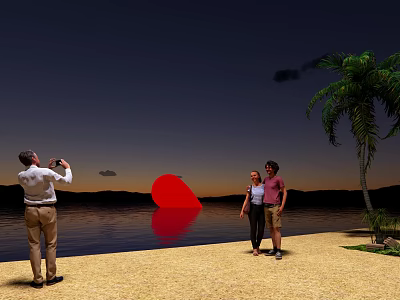 Red Inflatable on Night Beach with People Taking Photos and Palm Tree by Water 3d model