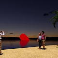 Red Inflatable on Night Beach with People Taking Photos and Palm Tree by Water