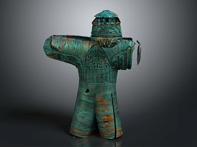 Ancient Style Bronze Human Figure Sculpture With Greenish Patina And Intricate Patterns 3d model