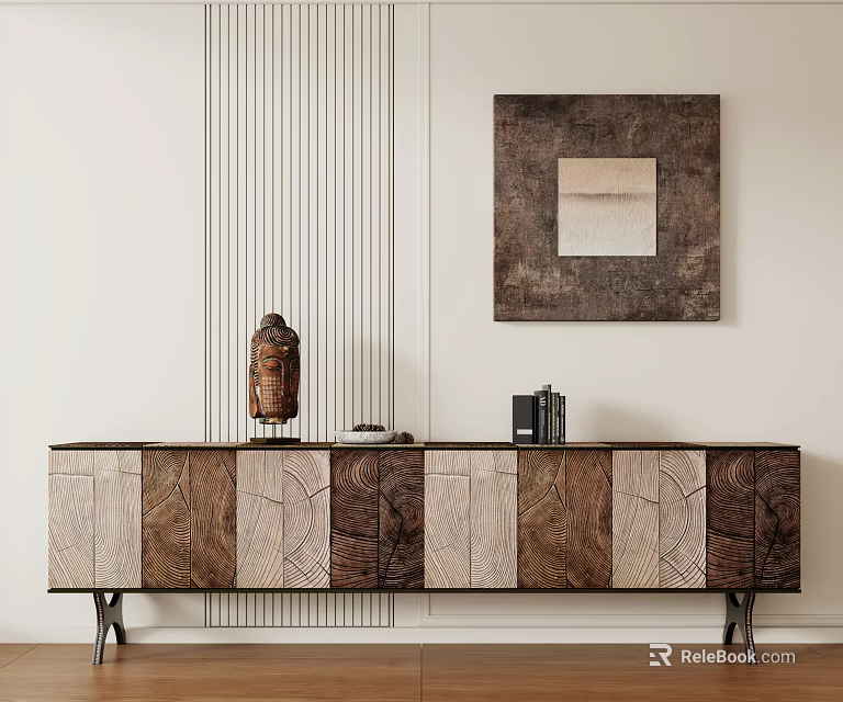 Wooden TV Stand With Mixed Wood Grain Panels Metal Legs Sculpture And Books On Top 3d model 