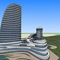 Modern Spiral Office Building Complex With Green Spaces Water Features And Pathways 3d model