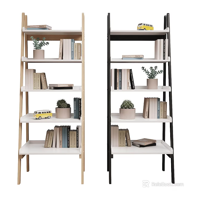 Multi Tiered Display Shelves With Wooden And Black Design Books Potted Plants And Decorative Items 3d model 