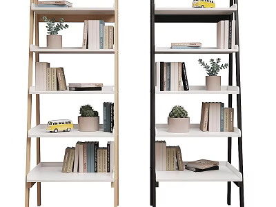 Multi Tiered Display Shelves With Wooden And Black Design Books Potted Plants And Decorative Items 3d model
