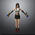 Woman with white crop top black skirt black gloves holding colorful weapons and red sneakers