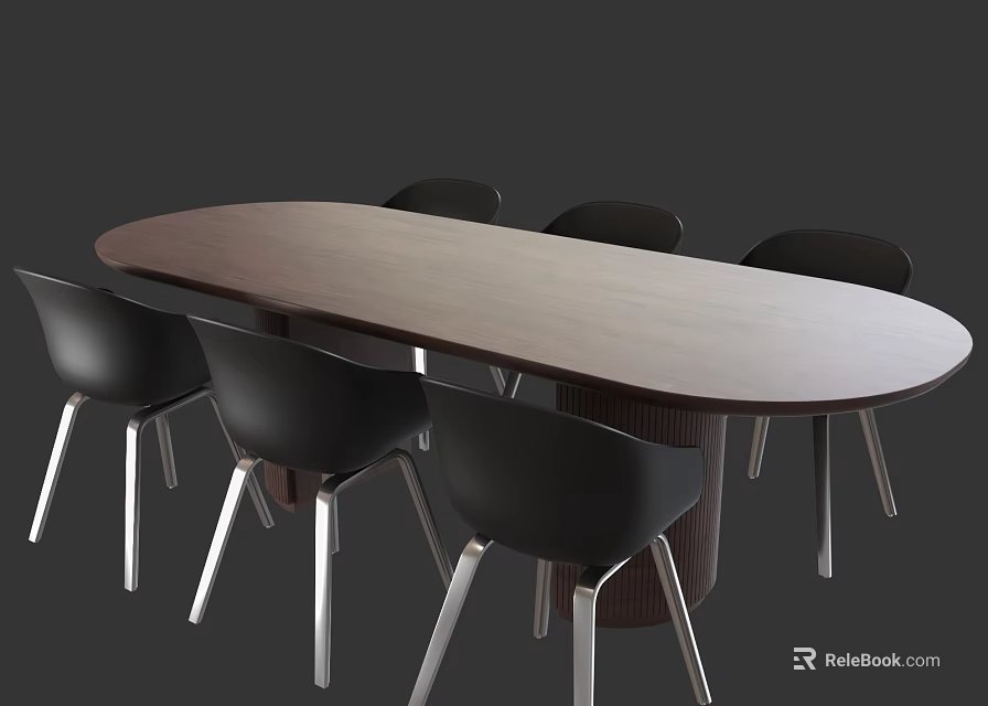 Modern Oval Conference Table with Wooden Top and Black Metal Leg Chairs 3d model 