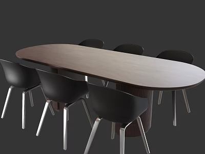 Modern Oval Conference Table with Wooden Top and Black Metal Leg Chairs 3d model