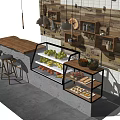 Modern Reception Desk Interior With Wooden Wall Bar Stools And Display Shelves