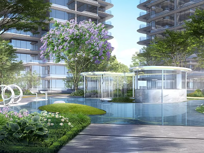Modern High Rise Residential Area With Garden Pool Pavilion And Landscaped Greenery 3d model