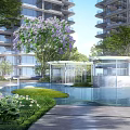 Modern High Rise Residential Area With Garden Pool Pavilion And Landscaped Greenery