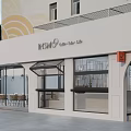 Modern Café Exterior With White Building Open Frontage Decorative Wall Elements And Outdoor Seating Area