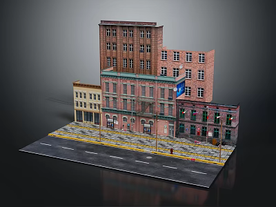Urban Multi Story Brick Building Model With Street Lamp Road And Varied Facades Design 3d model