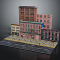 Urban Multi Story Brick Building Model With Street Lamp Road And Varied Facades Design