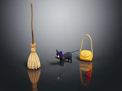 Essential Household Items Featuring Broom Black Cat Yellow Handbag And Red Key 3d model