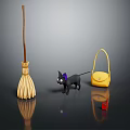 Essential Household Items Featuring Broom Black Cat Yellow Handbag And Red Key