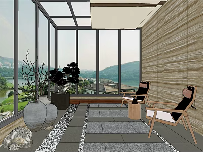 Scenic Villa Balcony With Large Glass Windows Wooden Chairs Stone Tiles And Lake Mountain View 3d model